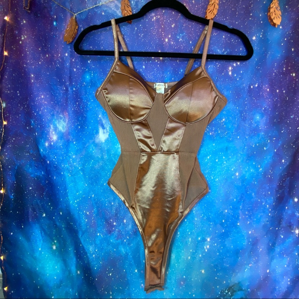 5/$46 Bozzolo Satin One Piece Bronze Metallic Mesh Bodysuit Onsie, Size S